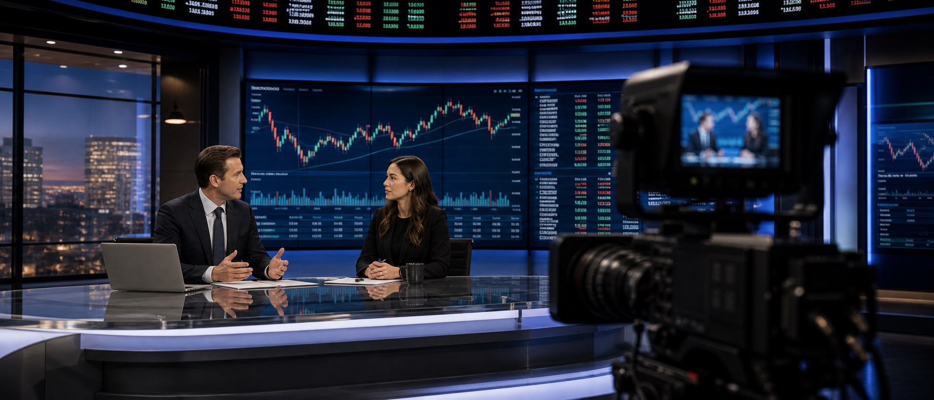 Financial news broadcast studio with live market data tickers and screens